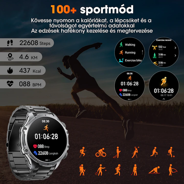 Okosóra, jiesuo, KT75 modell, 1,85" kijelző, zseblámpa, 700 mA-es akkumulátor, Bluetooth hívások, intelligens értesítések, mozgás mód, alvó üzemmód, pulzus- és oxigénfigyelés, fekete acél szíj