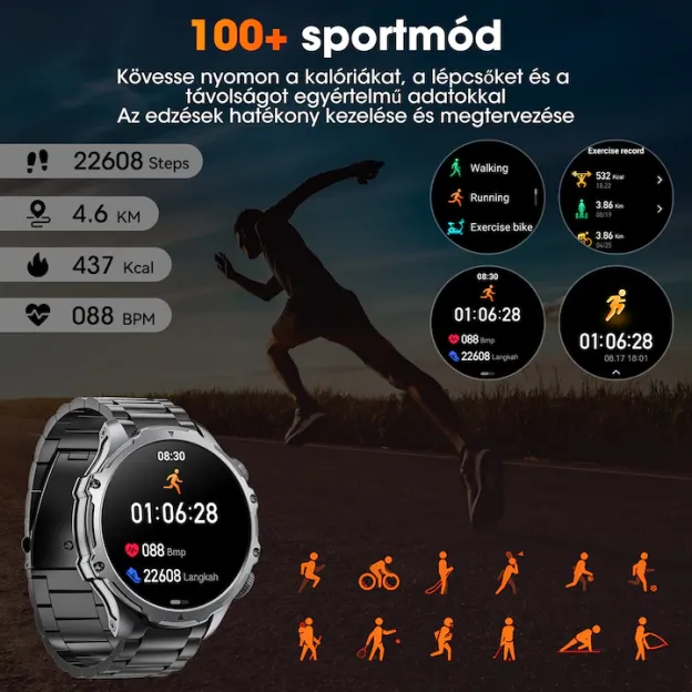 Okosóra, jiesuo, KT75 modell, 1,85" kijelző, zseblámpa, 700 mA-es akkumulátor, Bluetooth hívások, intelligens értesítések, mozgás mód, alvó üzemmód, pulzus- és oxigénfigyelés, fekete acél szíj