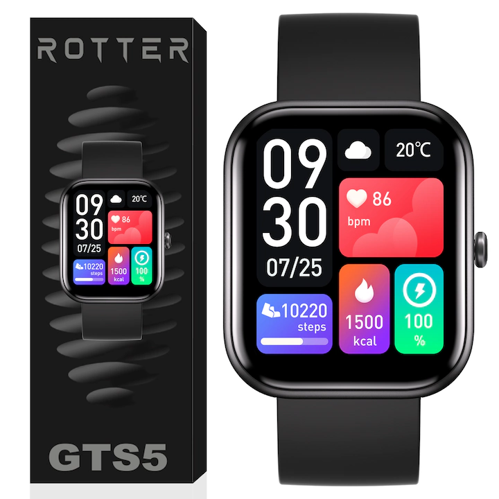 Okosóra, Fitnesz okosóra, 1.69" LCD kijelző, Egészségfigyelő okosóra, IP67 vízálló, ROTTER® okosóra, Bluetooth hívás/Értesítések, IPX4, Sport karkötő, HD mikrofon, Kompatibilis iOS & Android rendszerrel, Szilikon szíj, Kék