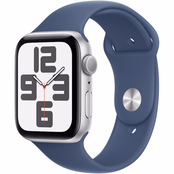 Apple Watch SE (2026) okosóra, GPS, ezüst alumínium tok, 44mm, farmer Sport szíj S/M