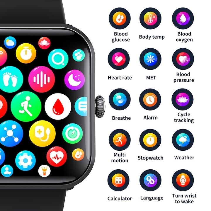 Okosóra, orvosi SpO2, vércukorszint-mérés, EKG, pulzusszám, vérzsírszint-mérés, SOS, női egészségkövetés, alvás, testhőmérséklet, Bluetooth hívás, 108 sport, IP67 vízállóság, hangasszisztens, 3D ultra-tiszta képernyő, 1.9", fekete