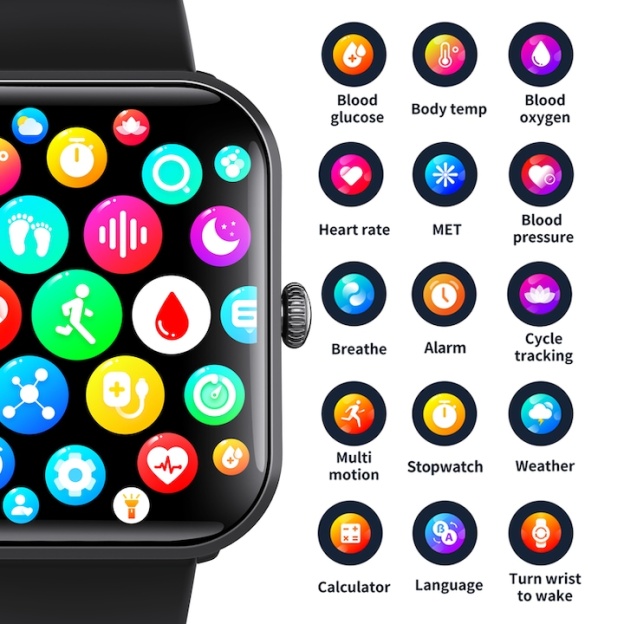 Okosóra, orvosi SpO2, vércukorszint-mérés, EKG, pulzusszám, vérzsírszint-mérés, SOS, női egészségkövetés, alvás, testhőmérséklet, Bluetooth hívás, 108 sport, IP67 vízállóság, hangasszisztens, 3D ultra-tiszta képernyő, 1.9", fekete