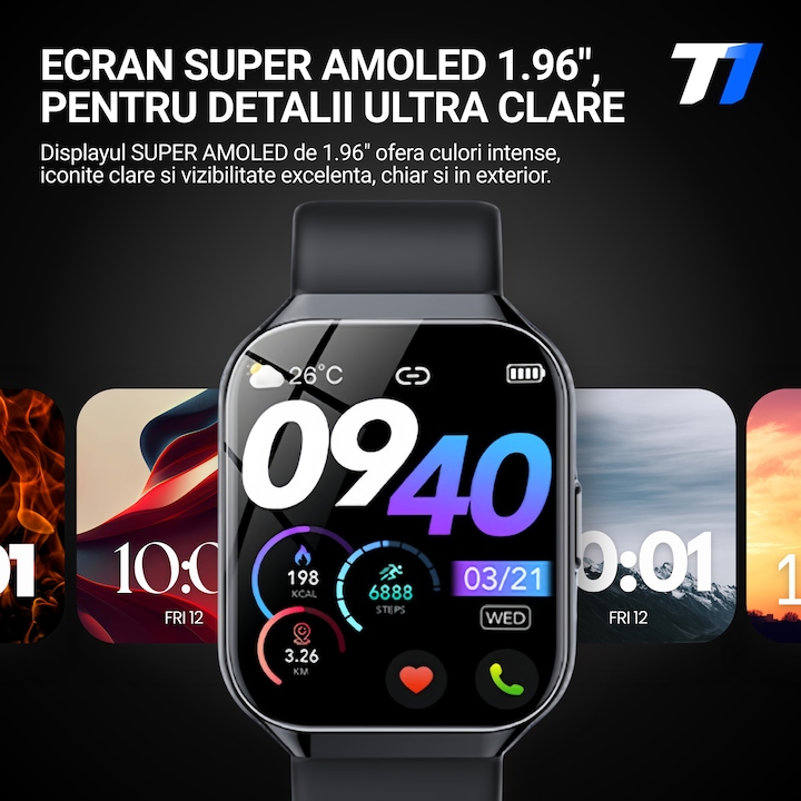 TechONE® VitaSense Pro Férfi Okosóra, 1.96 hüvelykes SUPER AMOLED, Fém, Intelligens, Fitnesz, Sport, HD Bluetooth Hívás, Multisport, Többpontos Pulzusmérés, SpO2, Vérnyomás, Oxigén, Alvás, Fém Tok, 2 Szíj, IP68, Android / iOS, Fekete