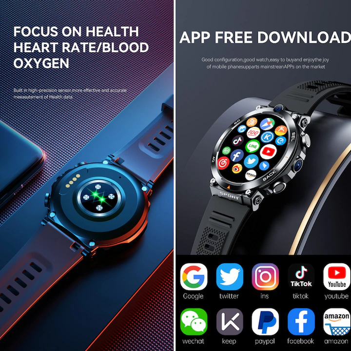 Okosóra 4G LTE SIM óra Telefon Medeyatech™, Videohívás, GPS-navigáció, WiFi kamera 3-7 Mpx, Android 9.0 operációs rendszer, közösségi alkalmazások, TikTok, Facebook, Whatsapp, Youtube, 16 GB memória, pulzusszám, véroxigén, vérnyomás Artériás, Modu