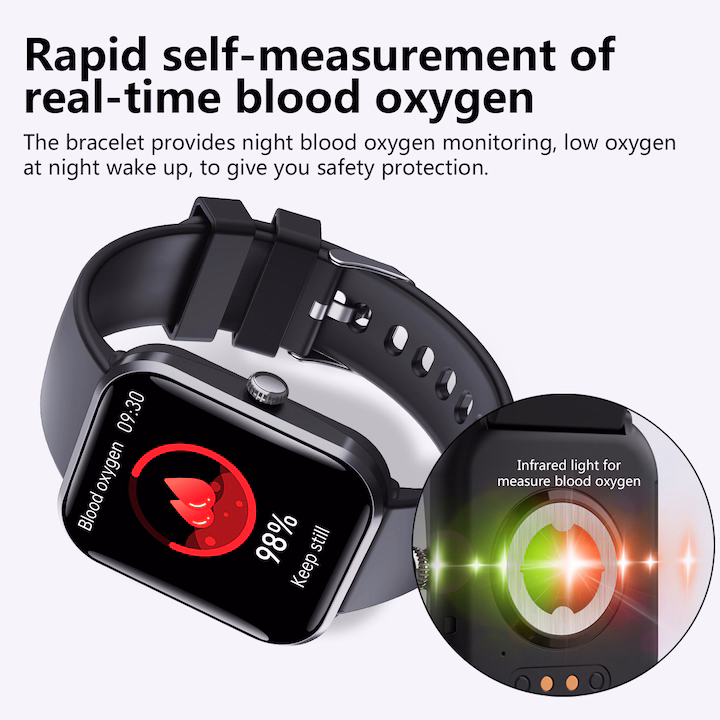 Okosóra, orvosi SpO2, vércukorszint-mérés, EKG, pulzusszám, vérzsírszint-mérés, SOS, női egészségkövetés, alvás, testhőmérséklet, Bluetooth hívás, 108 sport, IP67 vízállóság, hangasszisztens, 3D ultra-tiszta képernyő, 1.9", fekete
