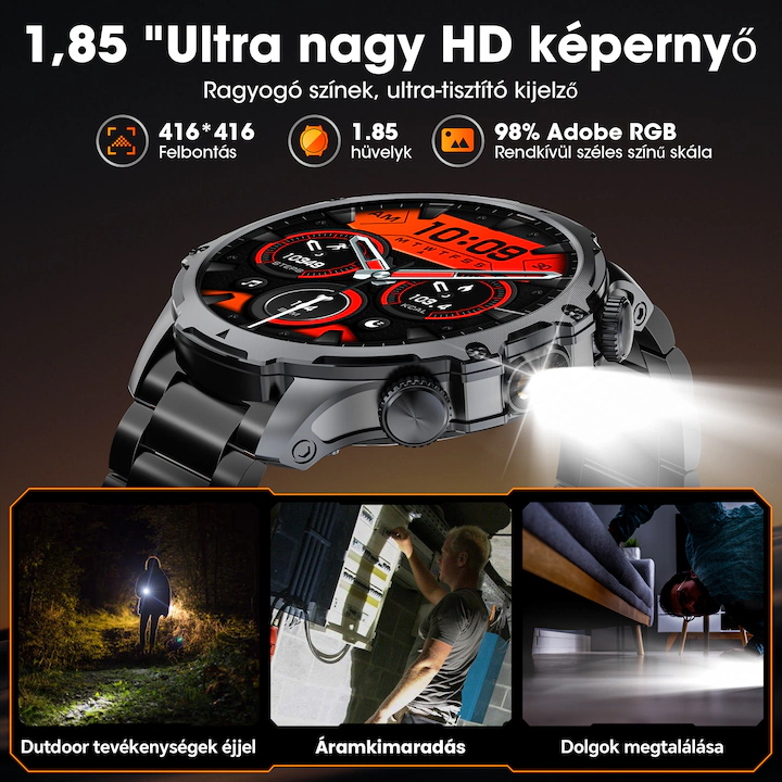 Okosóra, jiesuo, KT75 modell, 1,85" kijelző, zseblámpa, 700 mA-es akkumulátor, Bluetooth hívások, intelligens értesítések, mozgás mód, alvó üzemmód, pulzus- és oxigénfigyelés, fekete acél szíj