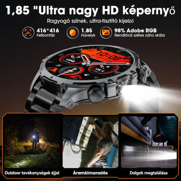 Okosóra, jiesuo, KT75 modell, 1,85" kijelző, zseblámpa, 700 mA-es akkumulátor, Bluetooth hívások, intelligens értesítések, mozgás mód, alvó üzemmód, pulzus- és oxigénfigyelés, fekete acél szíj