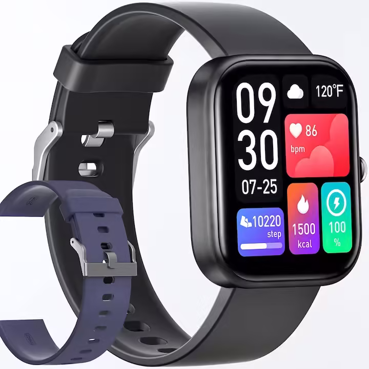 HouDeOS Sport okosóra, 2" érintőképernyő, Bluetooth 5.2, IP67, 100+ sportolási mód, GPS-rögzítés, Bluetooth-hívás, fizikai aktivitás/alvás/pulzus/oximéter/vérnyomás figyelése, fekete + kék szíj