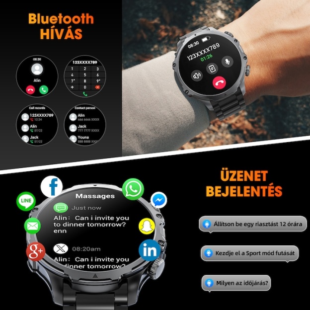 Okosóra, jiesuo, KT75 modell, 1,85" kijelző, zseblámpa, 700 mA-es akkumulátor, Bluetooth hívások, intelligens értesítések, mozgás mód, alvó üzemmód, pulzus- és oxigénfigyelés, fekete acél szíj