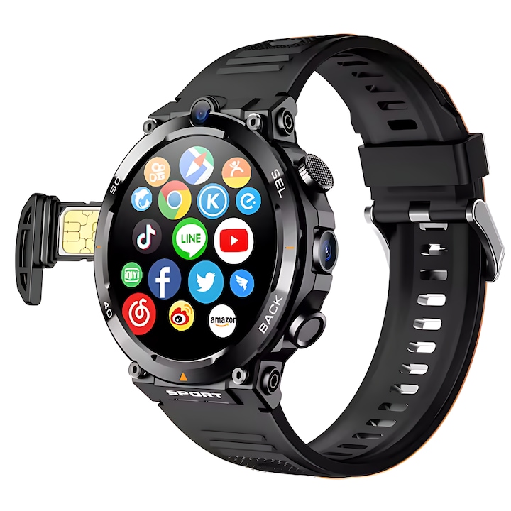Okosóra 4G LTE SIM óra Telefon Medeyatech™, Videohívás, GPS-navigáció, WiFi kamera 3-7 Mpx, Android 9.0 operációs rendszer, közösségi alkalmazások, TikTok, Facebook, Whatsapp, Youtube, 16 GB memória, pulzusszám, véroxigén, vérnyomás Artériás, Modu