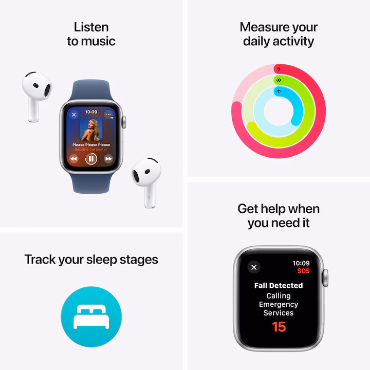 Apple Watch SE (2026) okosóra, GPS, ezüst alumínium tok, 44mm, farmer Sport szíj S/M