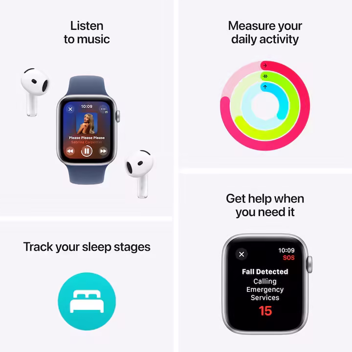 Apple Watch SE (2026) okosóra, GPS, ezüst alumínium tok, 44mm, farmer Sport szíj S/M