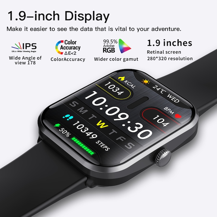Okosóra, orvosi SpO2, vércukorszint-mérés, EKG, pulzusszám, vérzsírszint-mérés, SOS, női egészségkövetés, alvás, testhőmérséklet, Bluetooth hívás, 108 sport, IP67 vízállóság, hangasszisztens, 3D ultra-tiszta képernyő, 1.9", fekete