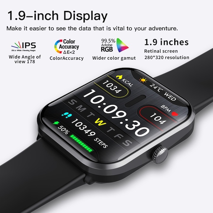 Okosóra, orvosi SpO2, vércukorszint-mérés, EKG, pulzusszám, vérzsírszint-mérés, SOS, női egészségkövetés, alvás, testhőmérséklet, Bluetooth hívás, 108 sport, IP67 vízállóság, hangasszisztens, 3D ultra-tiszta képernyő, 1.9", fekete
