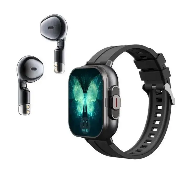 2 in 1 Smartwatch & Earpods - Rectangular Design, Unisex, iOS Compatible, Water-Resistant, Bluetooth Connectivity, Music Player, Multi-Sports, Casual Wearable Gadgets