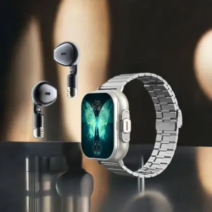 2 in 1 Smartwatch & Earpods - Rectangular Design, Unisex, iOS Compatible, Water-Resistant, Bluetooth Connectivity, Music Player, Multi-Sports, Casual Wearable Gadgets