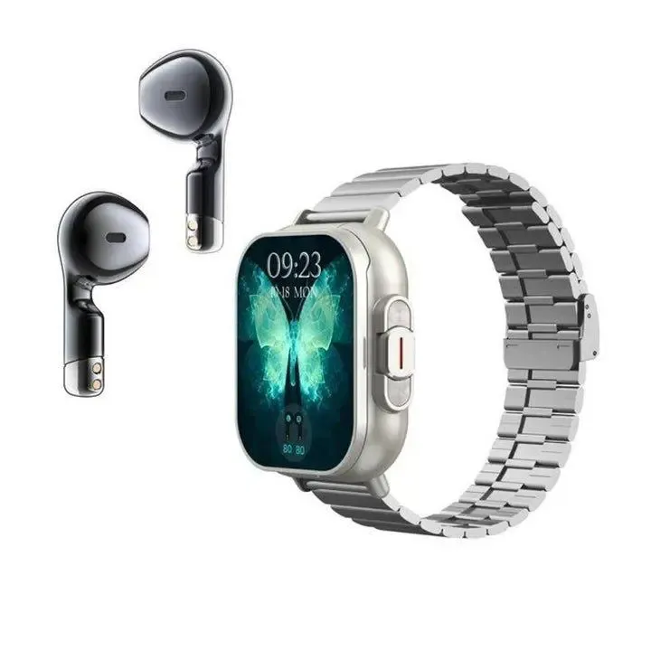 2 in 1 Smartwatch & Earpods - Rectangular Design, Unisex, iOS Compatible, Water-Resistant, Bluetooth Connectivity, Music Player, Multi-Sports, Casual Wearable Gadgets
