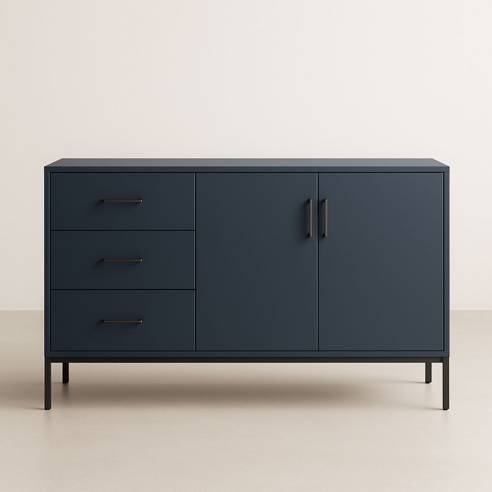 Komoda metalowa z trzema szufladami i dwoma drzwiami w kolorze granatowym 120x40x80 cm