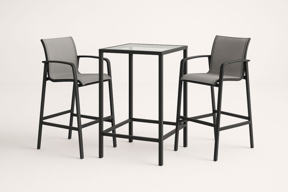 Zestaw barowy ze szkła hartowanego i aluminium stół + 2 krzesła Czarny/Szary