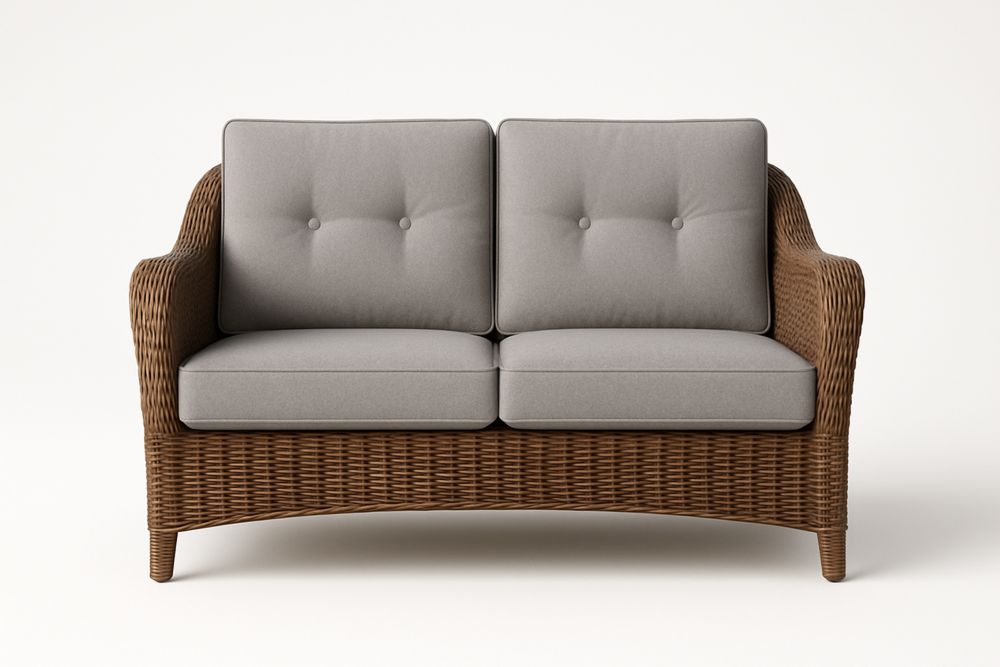 Dwuosobowa sofa rattanowa brązowa z szarymi poduszkami