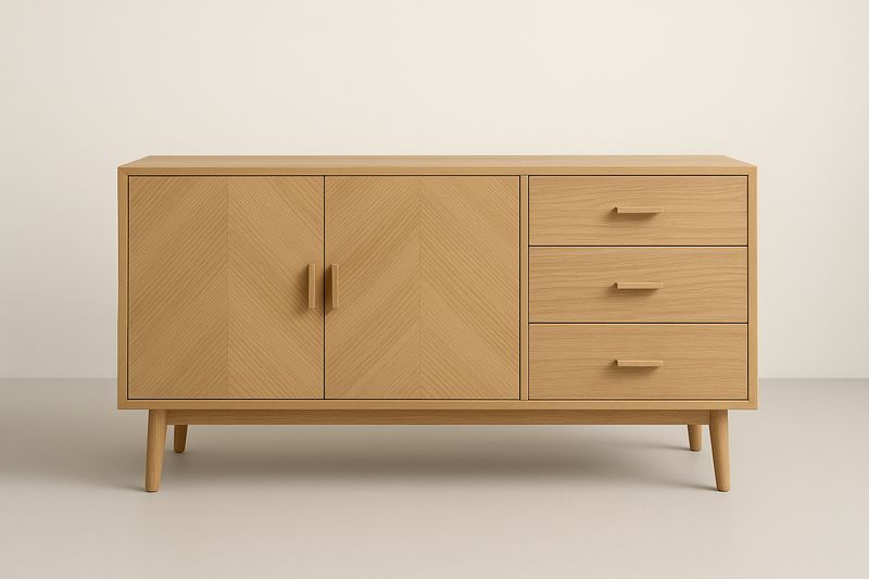 Kredens  do jadalni 150×45×80 cm, lite drewno dębowe, lakierowane, jasnobrązowy, 3 szuflady, drzwi zawiasowe, montaż wymagany