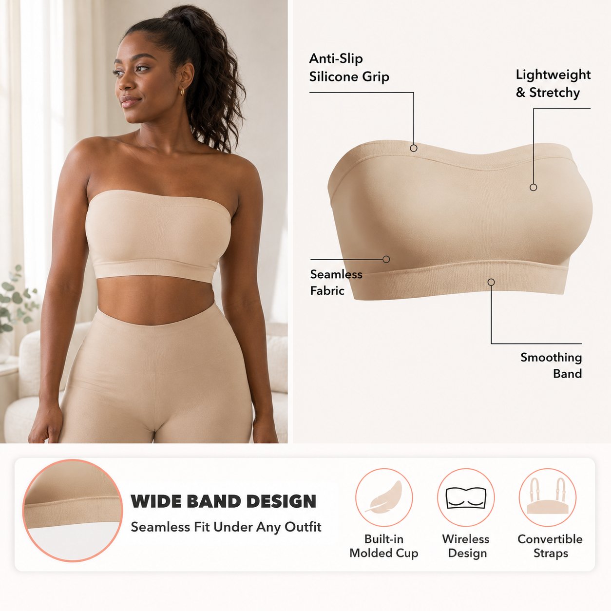 🔥LAST DAY 70% OFF -✨ Convertible Strapless Bandeau Bra with Wireless Comfort, Anti-Slip Grip 👍Suitable for All Body Types