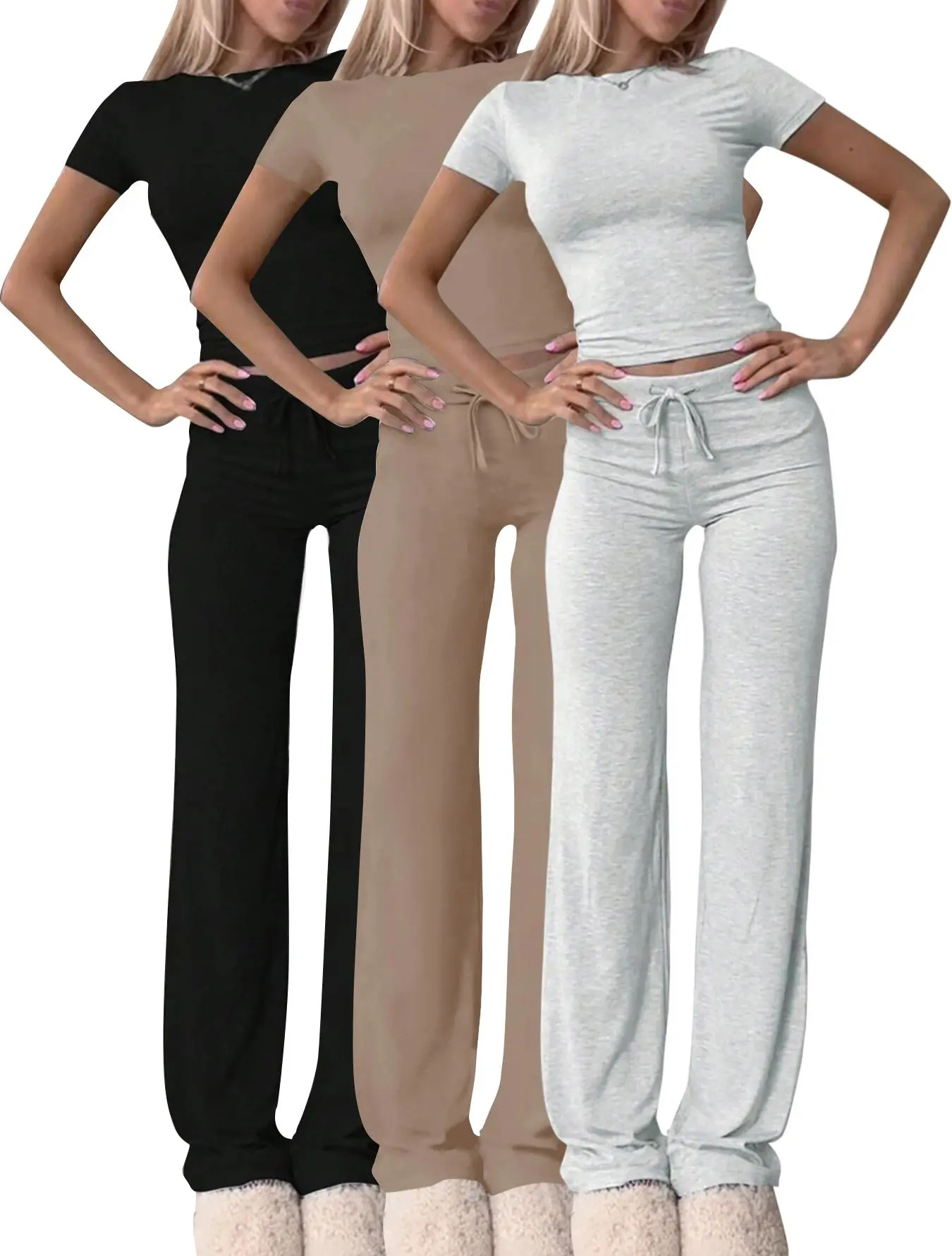 Two-Piece Set Women's Plain Crop Tee & Drawstring Waist Pants Loungewear Set