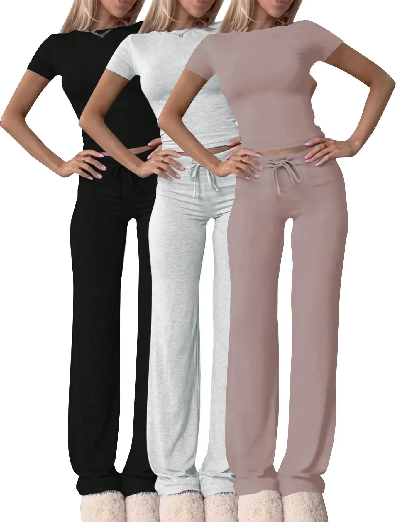 Two-Piece Set Women's Plain Crop Tee & Drawstring Waist Pants Loungewear Set