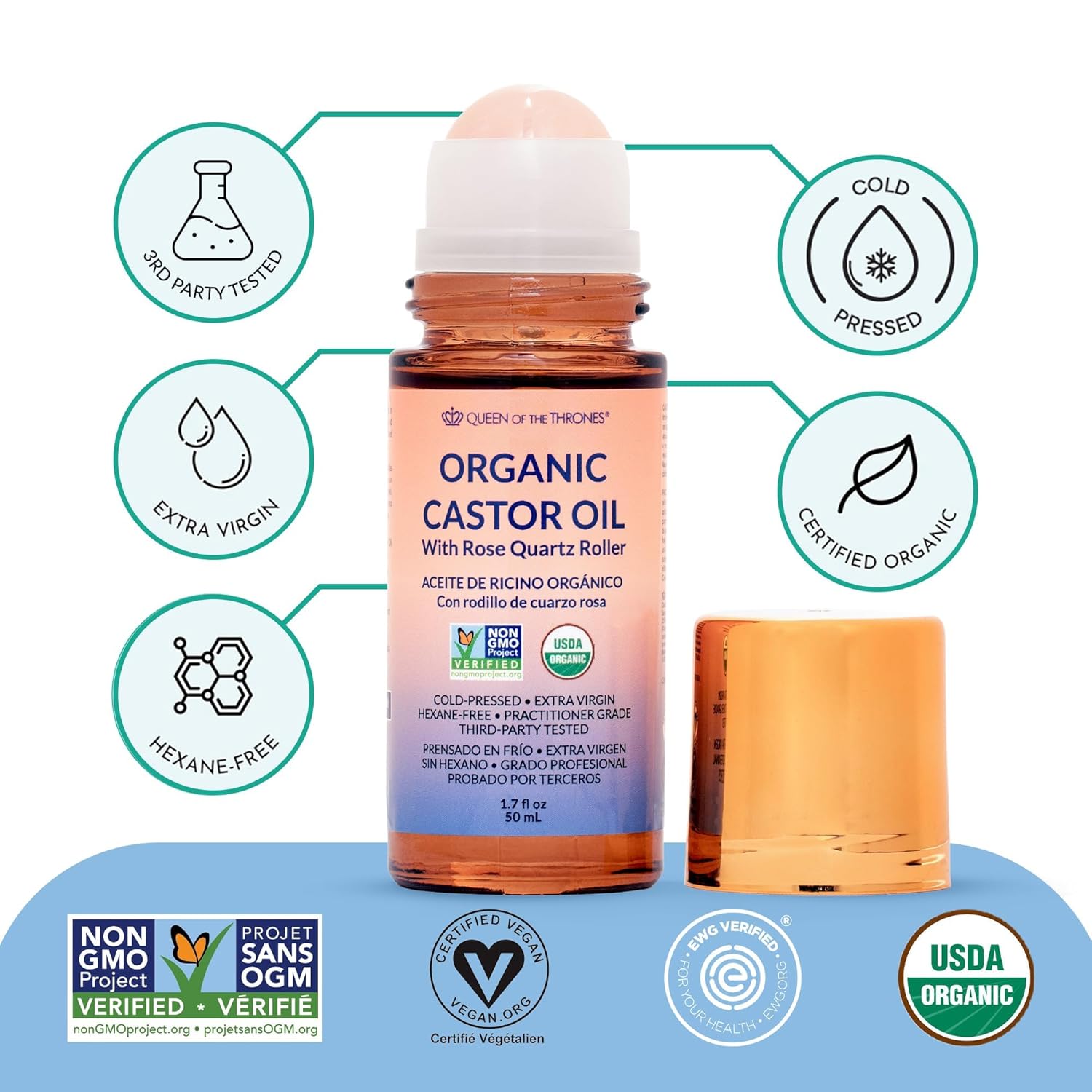 Less Mess, More Glow: Organic Castor Oil With Rose Quartz Roll-On