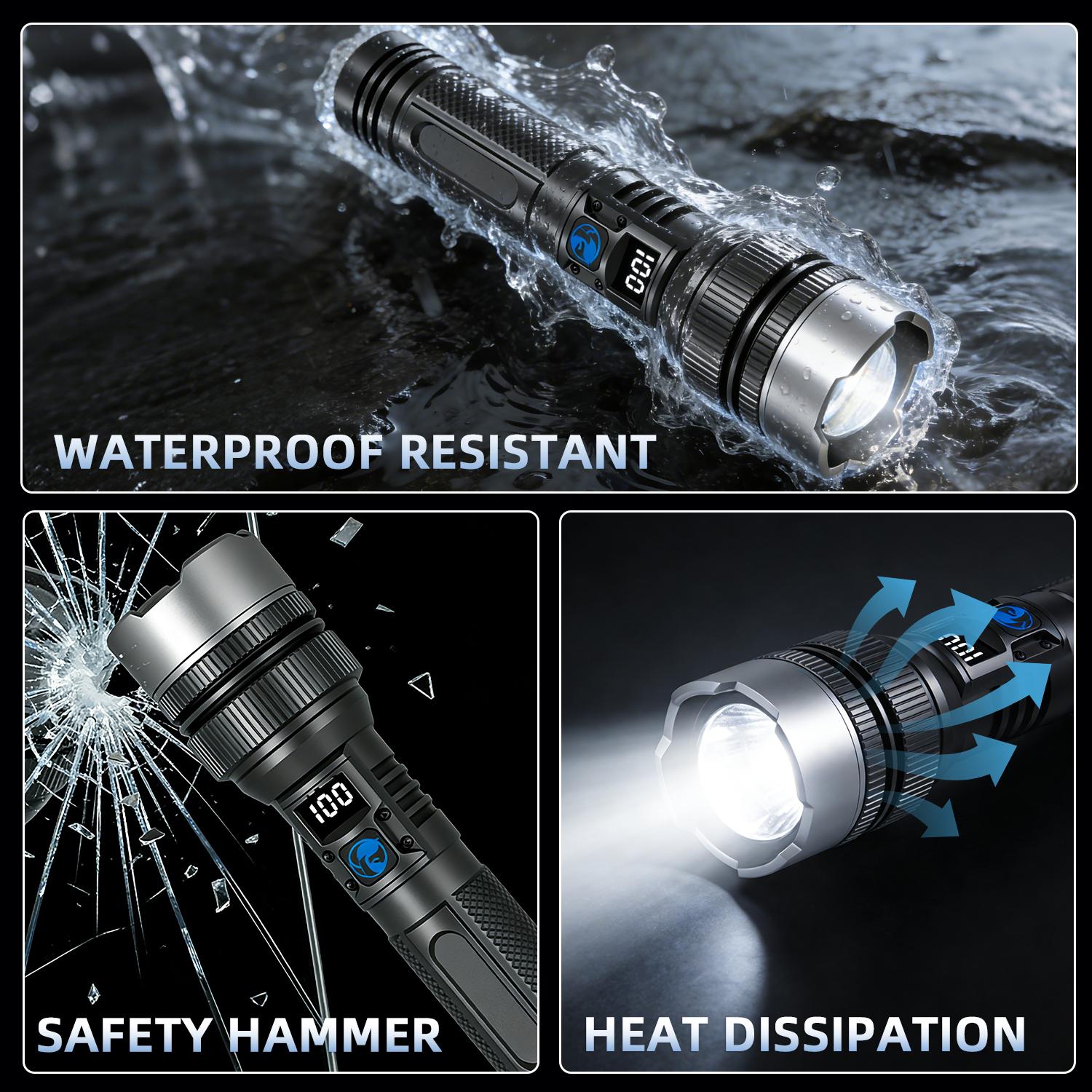 2-in-1 Strong Flashlight (Power Bank), Digital display ofpower, Rechargeable, Zoomable,, X4Waterproof,Adjustable Brightness Flash Light for Outdoor, Emergency,Camping Accessories, Black TiktokShopSpringGlowUp Lighting