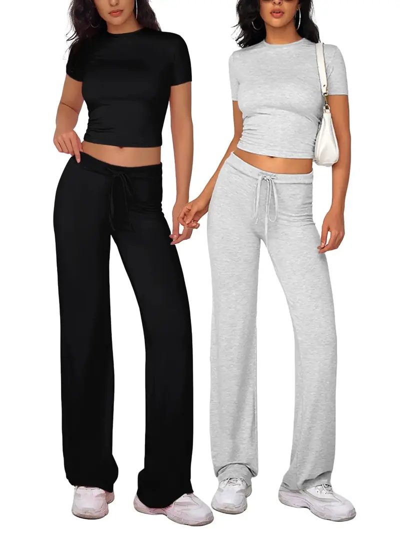 Two-Piece Set Women's Plain Crop Tee & Drawstring Waist Pants Loungewear Set