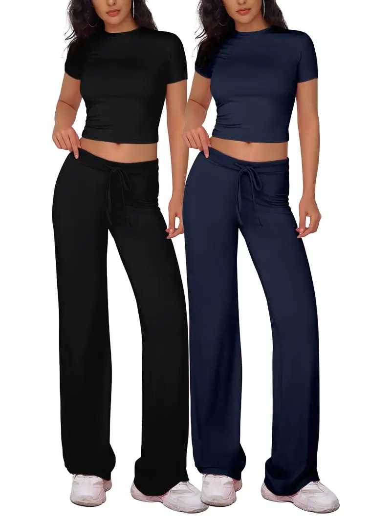 Two-Piece Set Women's Plain Crop Tee & Drawstring Waist Pants Loungewear Set