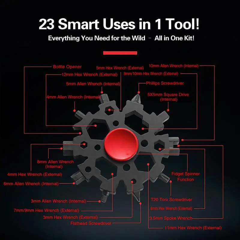 23-in-1 Snowflake Spinner Wrench – Multi-Tool with Screwdrivers, Bottle Opener & Stress Relieving Fidget Toy.