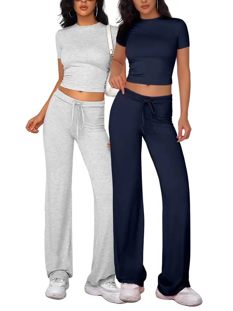 Two-Piece Set Women's Plain Crop Tee & Drawstring Waist Pants Loungewear Set