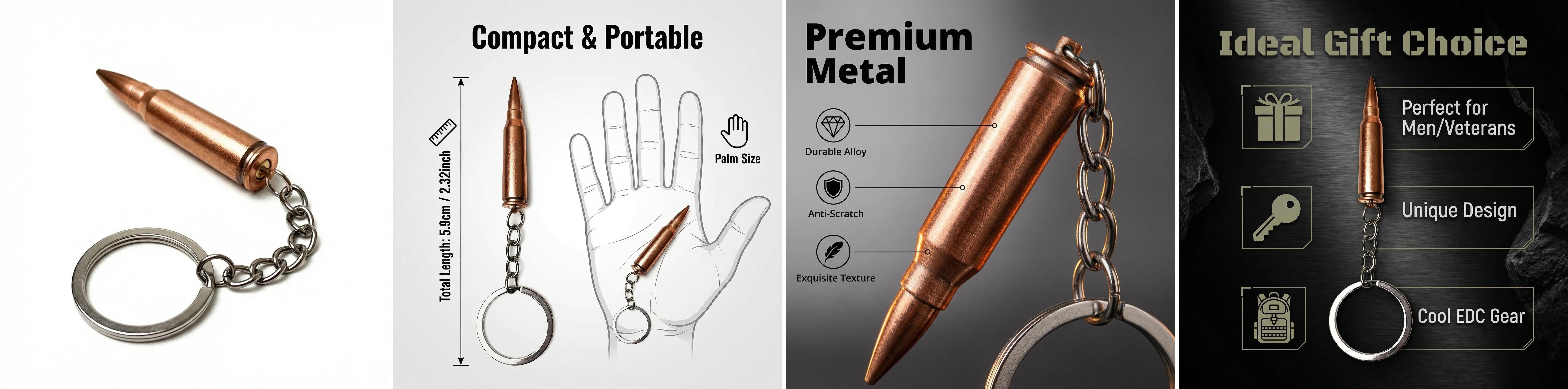 Army Style Metallic Bullet Keychain, Tactical Military Design - Perfect for Car Mirror/Backpack Decoration & Unique Holiday Gift