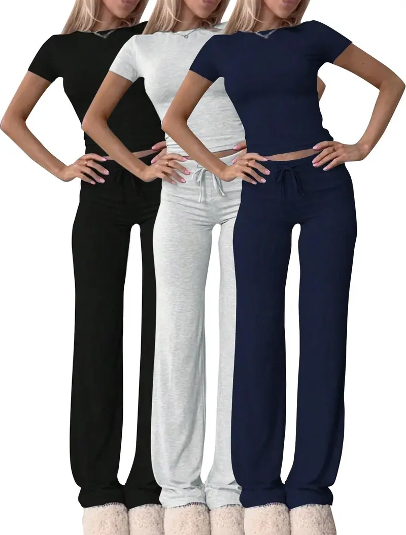 Two-Piece Set Women's Plain Crop Tee & Drawstring Waist Pants Loungewear Set