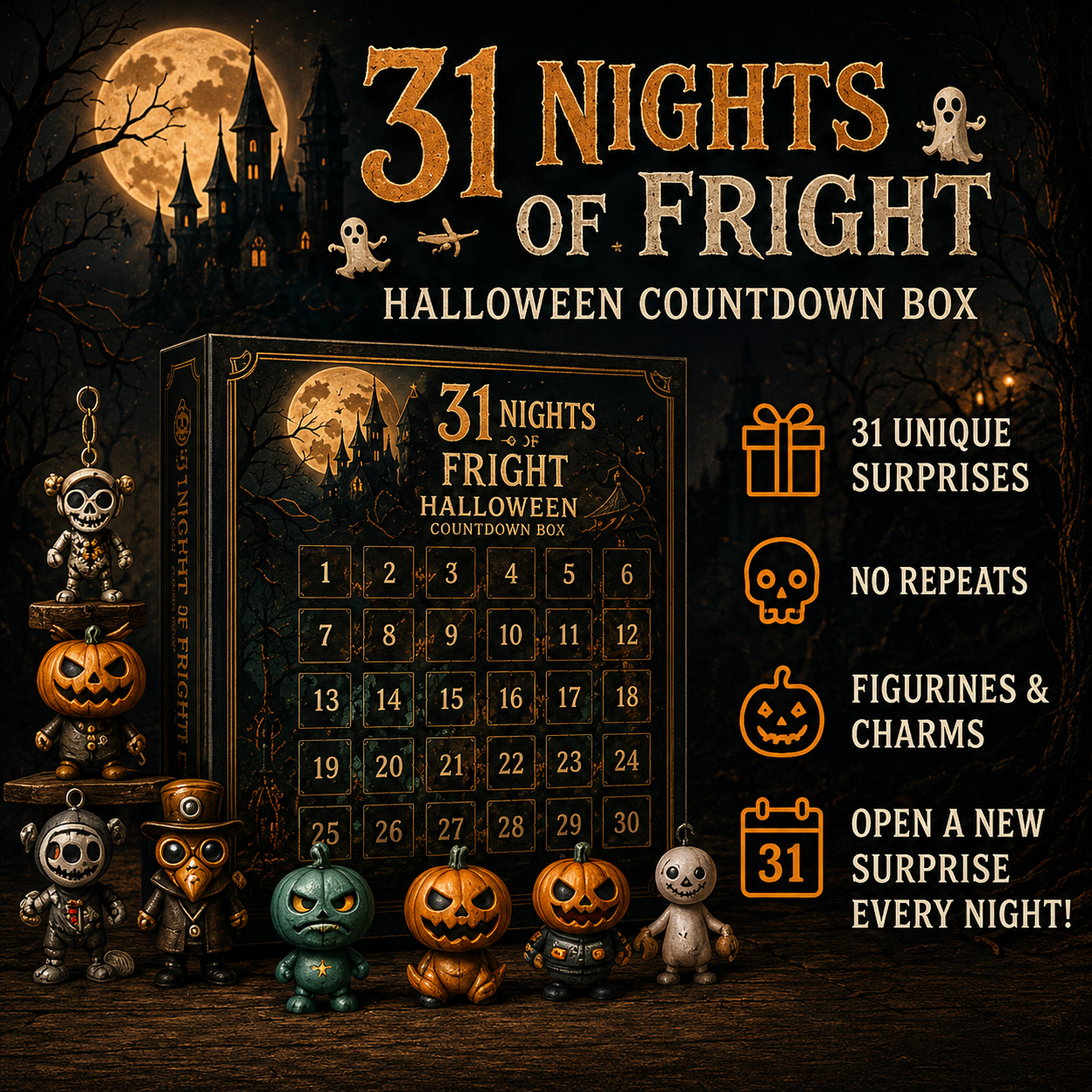 🔥 Last Day 70% OFF  🎃 Nights of Fright Halloween Countdown Box | Unique Mini Figurines, Hanging Charms & Spooky Collectibles 👻✨