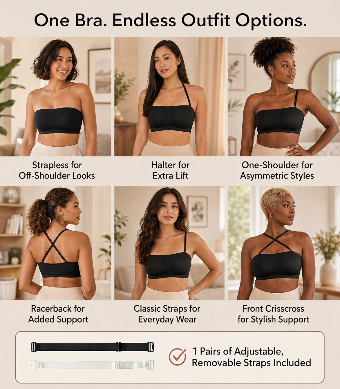 🔥LAST DAY 70% OFF -✨ Convertible Strapless Bandeau Bra with Wireless Comfort, Anti-Slip Grip 👍Suitable for All Body Types
