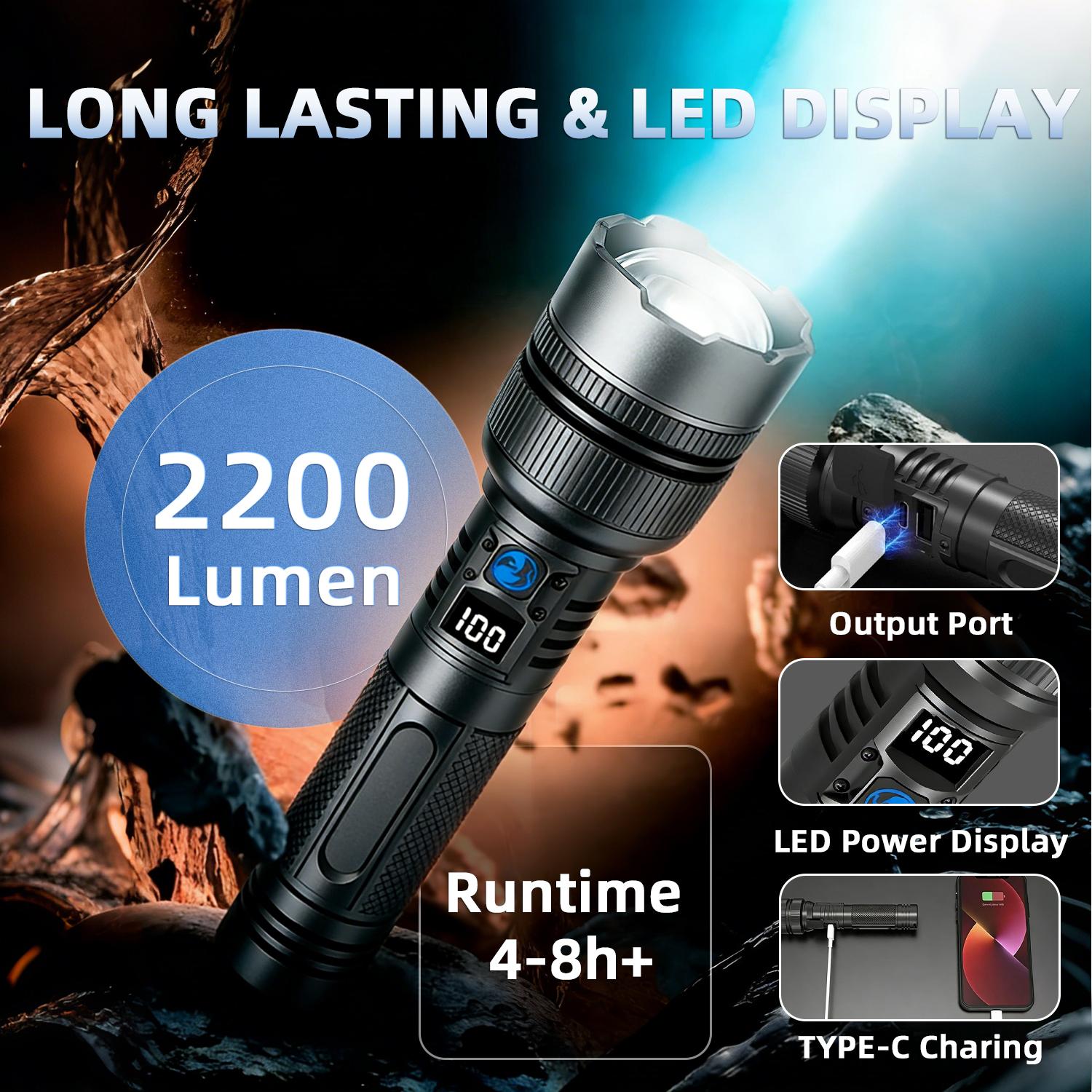 2-in-1 Strong Flashlight (Power Bank), Digital display ofpower, Rechargeable, Zoomable,, X4Waterproof,Adjustable Brightness Flash Light for Outdoor, Emergency,Camping Accessories, Black TiktokShopSpringGlowUp Lighting