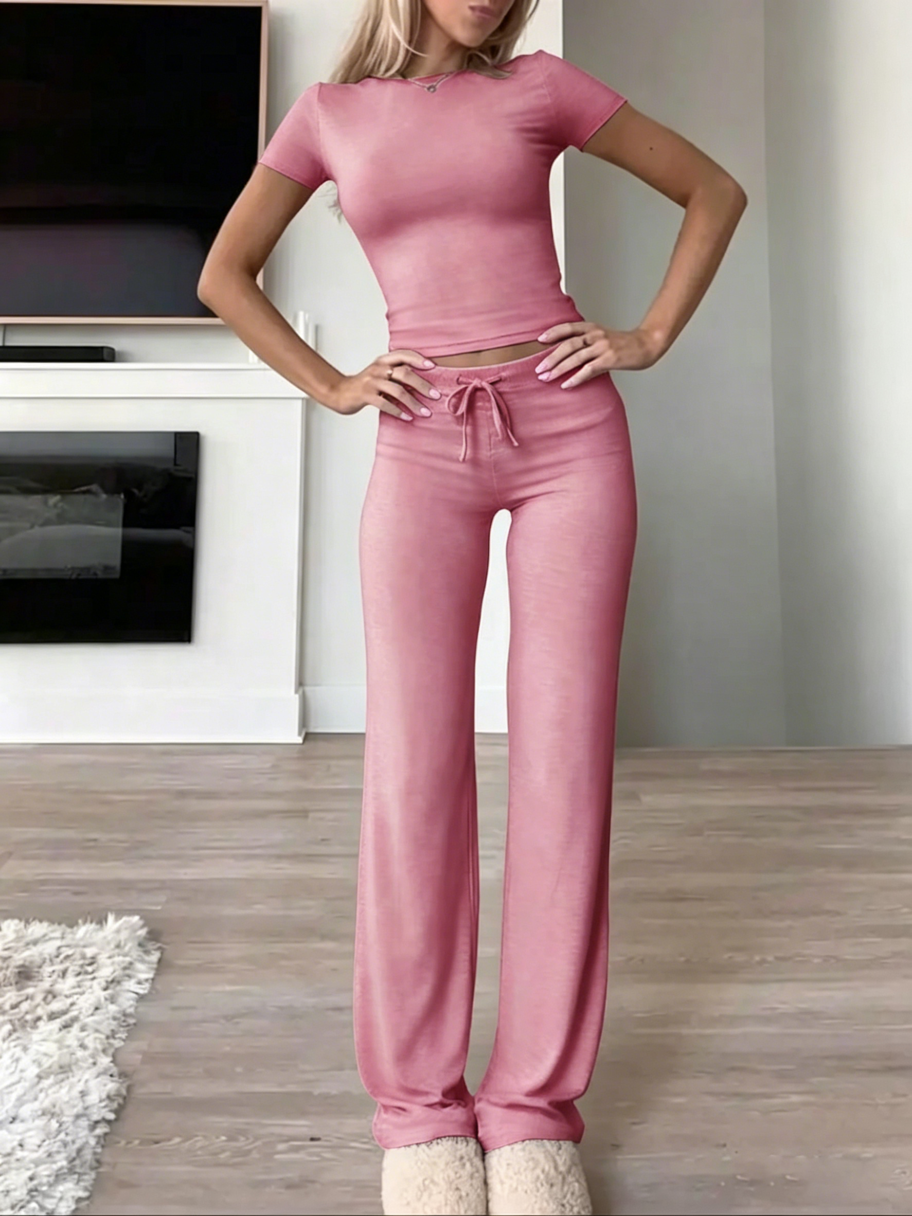 Two-Piece Set Women's Plain Crop Tee & Drawstring Waist Pants Loungewear Set