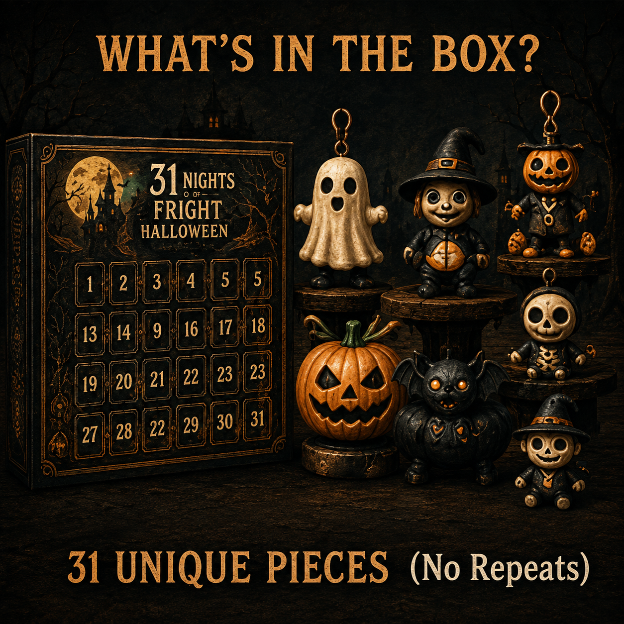 🔥 Last Day 70% OFF  🎃 Nights of Fright Halloween Countdown Box | Unique Mini Figurines, Hanging Charms & Spooky Collectibles 👻✨