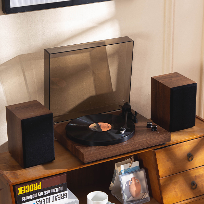 Auryvox VX100 Retro-Plattenspieler mit Holzmaserung und Audio-Technica-Nadel, All-in-One-Tonabnehmer mit beweglichem Magneten für Vinylplatten