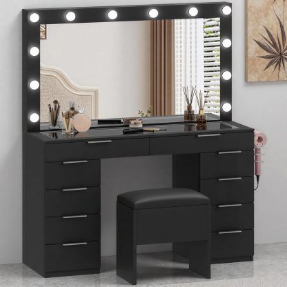 DWVO Makeup Vanity with LED Mirror and Charging Ports, 10-Drawer Vanity Set with Glass Top, Hair Dryer Holder, 3 Adjustable Light Colors, and Hidden Storage Stool