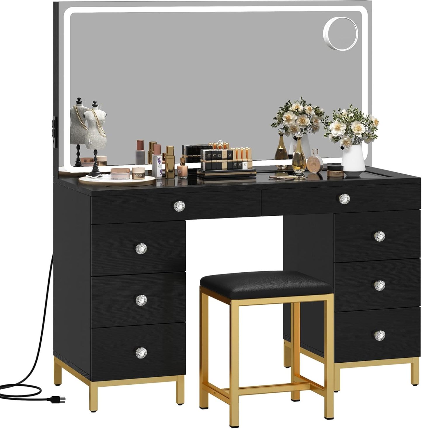 DWVO Makeup Vanity with LED Mirror and Charging Ports, 10-Drawer Vanity Set with Glass Top, Hair Dryer Holder, 3 Adjustable Light Colors, and Hidden Storage Stool