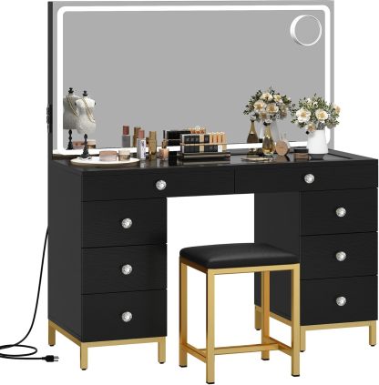 DWVO Makeup Vanity with LED Mirror and Charging Ports, 10-Drawer Vanity Set with Glass Top, Hair Dryer Holder, 3 Adjustable Light Colors, and Hidden Storage Stool