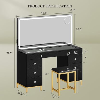 DWVO Makeup Vanity with LED Mirror and Charging Ports, 10-Drawer Vanity Set with Glass Top, Hair Dryer Holder, 3 Adjustable Light Colors, and Hidden Storage Stool