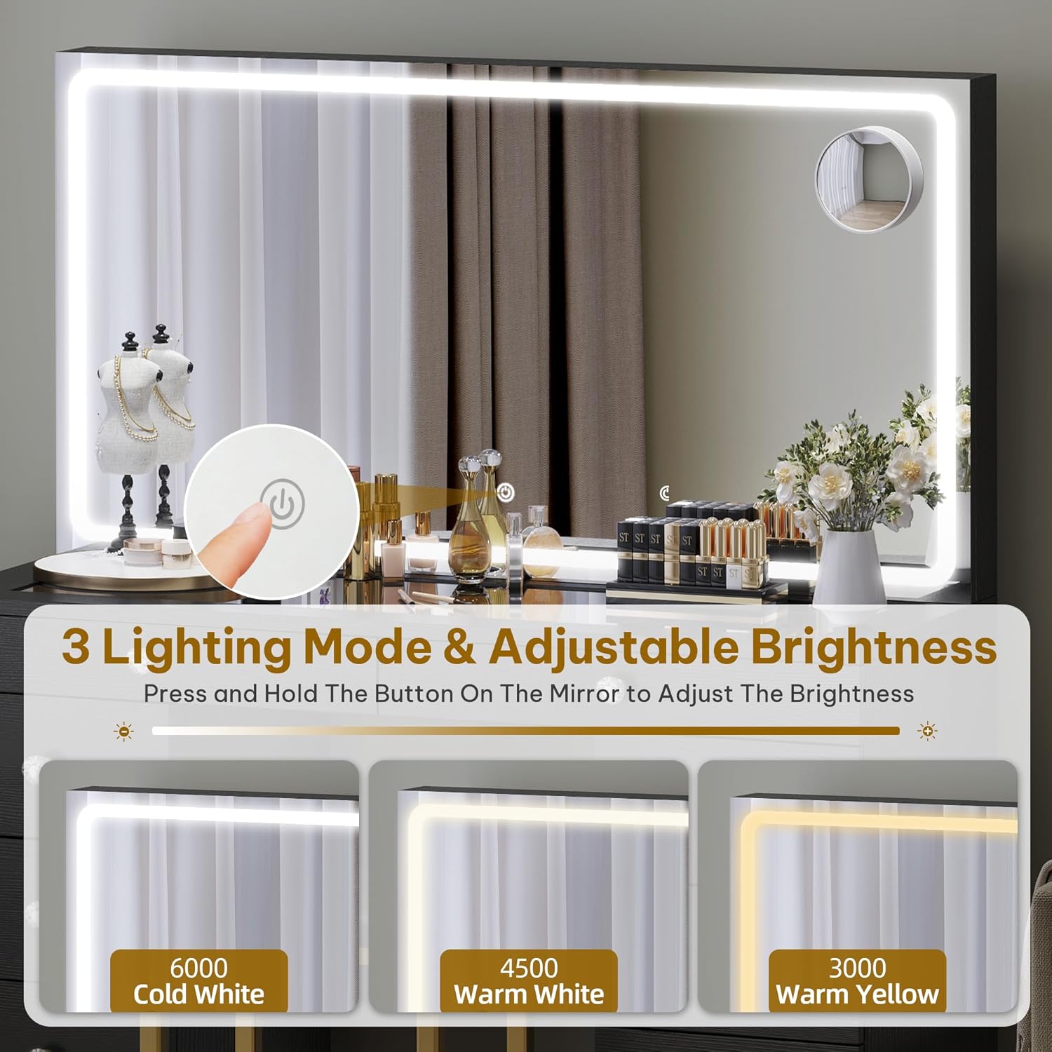 DWVO Makeup Vanity with LED Mirror and Charging Ports, 10-Drawer Vanity Set with Glass Top, Hair Dryer Holder, 3 Adjustable Light Colors, and Hidden Storage Stool