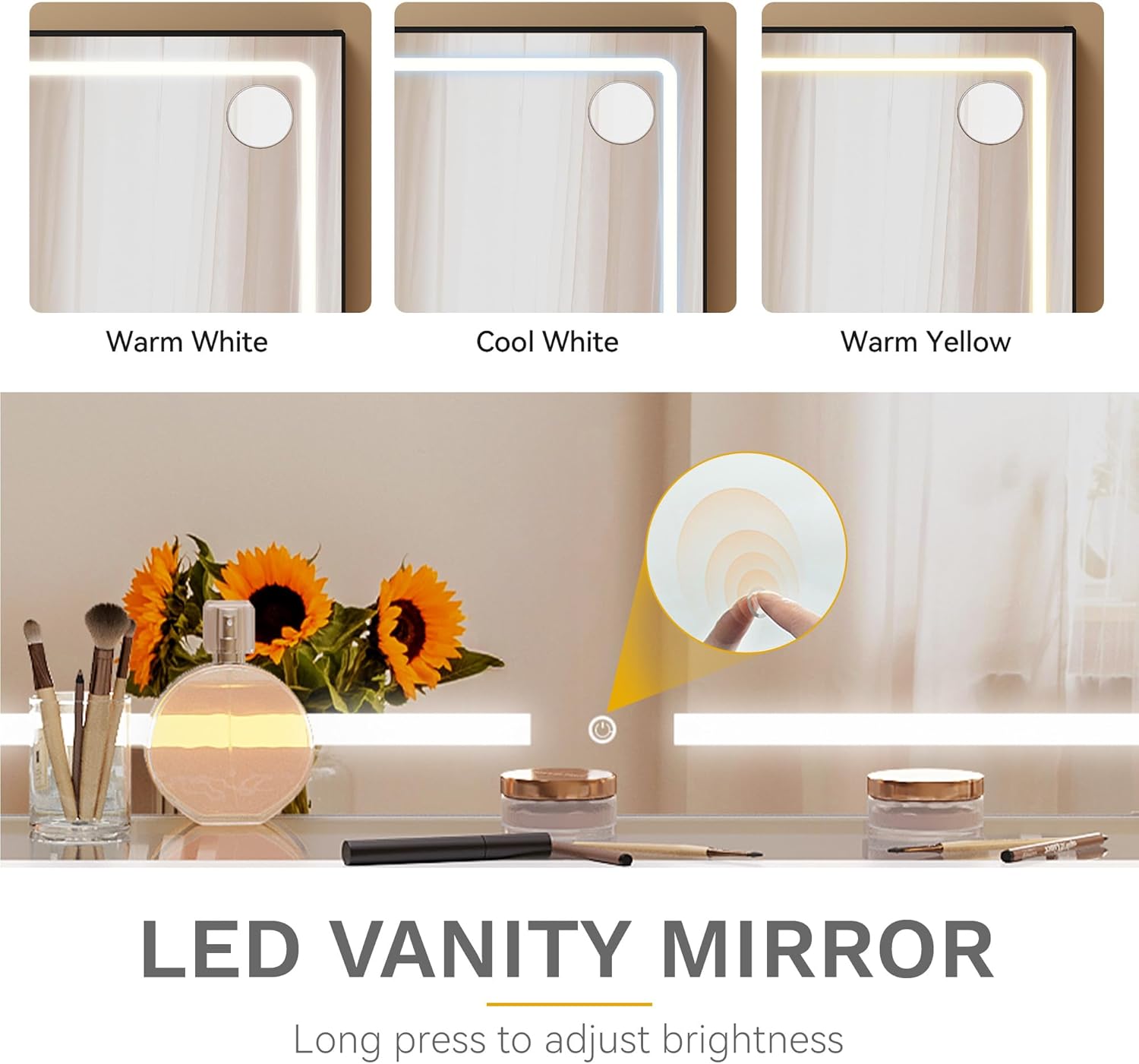 DWVO Makeup Vanity with LED Mirror and Charging Ports, 10-Drawer Vanity Set with Glass Top, Hair Dryer Holder, 3 Adjustable Light Colors, and Hidden Storage Stool