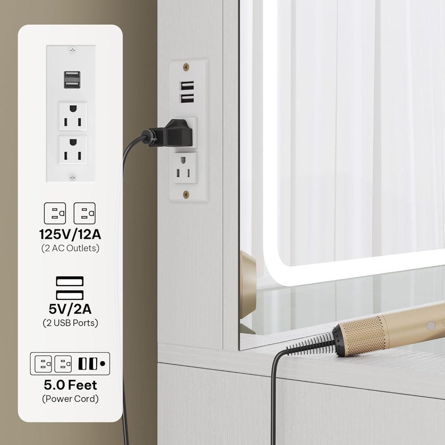 DWVO Makeup Vanity with LED Mirror and Charging Ports, 10-Drawer Vanity Set with Glass Top, Hair Dryer Holder, 3 Adjustable Light Colors, and Hidden Storage Stool