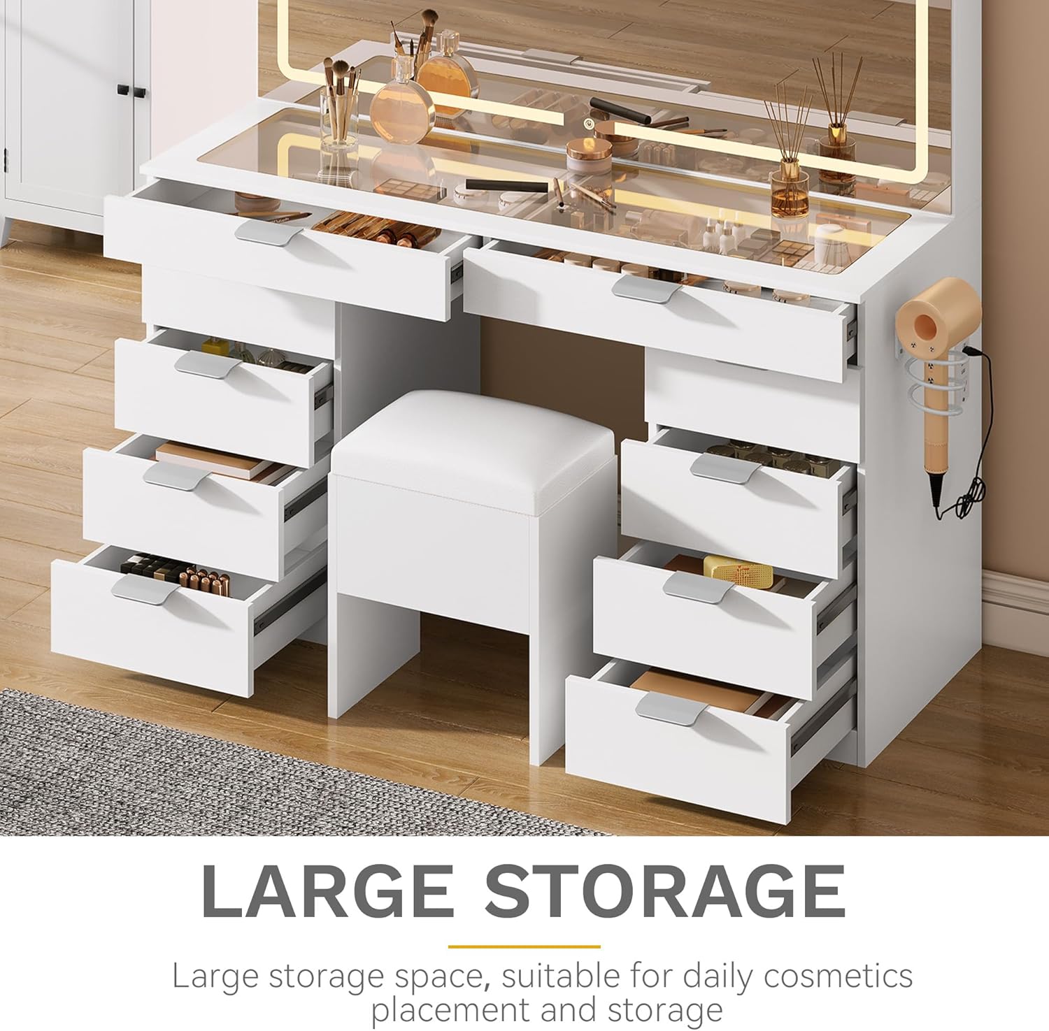 DWVO Makeup Vanity with LED Mirror and Charging Ports, 10-Drawer Vanity Set with Glass Top, Hair Dryer Holder, 3 Adjustable Light Colors, and Hidden Storage Stool